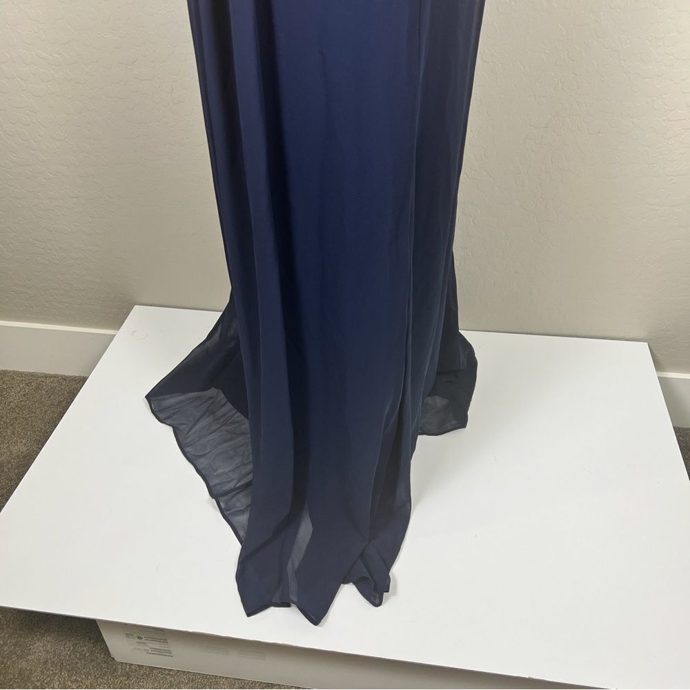 Adrianna Papell Off Shoulder Crepe Chiffon Long Formal Evening Gown Navy 2 NEW - Picture 6 of 15